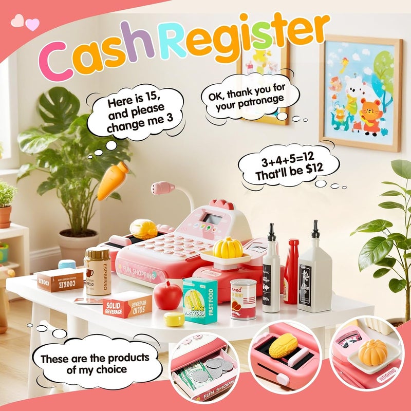 STACTCUTE 49PCS Pretend Play Cash Register Toy Set for Kids with Real Calculator,Scanner,Microphone,Conveyor Belt,Weighing Tool,Cashier Playset Realistic Gift for Toddler Kid Ages 3 4 5 6 7 8（Pink） - Image 5